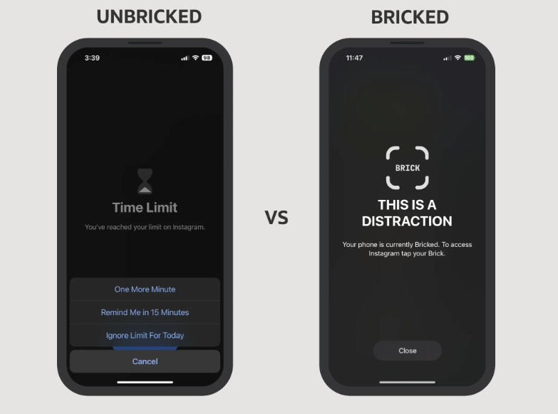 A picture of two iPhones that show screen time limit messages that you can simply override or a screen that blatantly said, "this is a distraction."