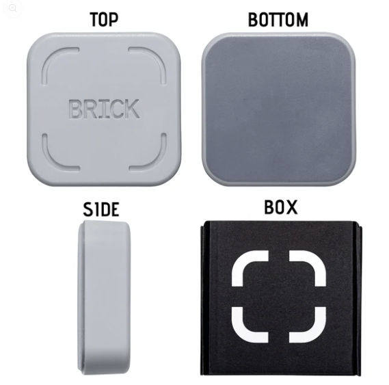 The Brick and all that is included in the box. Shows the top, bottom and side of the small square device. Also the picture of the box.
