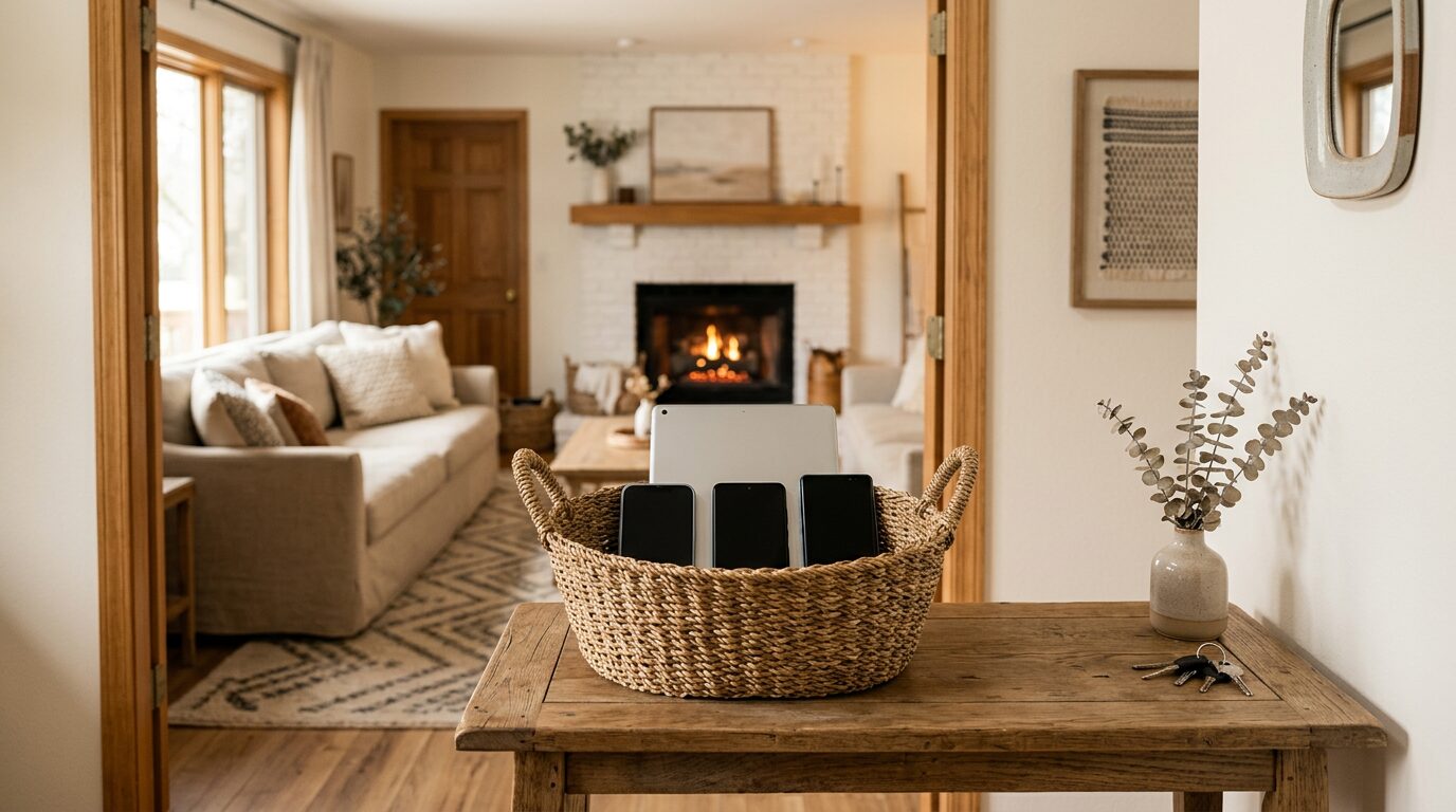 A woven basket on a wooden entry table holds several smartphones and a tablet, creating a designated drop zone to limit screen time before entering a cozy living room. In the background, a couch and lit fireplace set a warm, inviting space for unplugged family time.