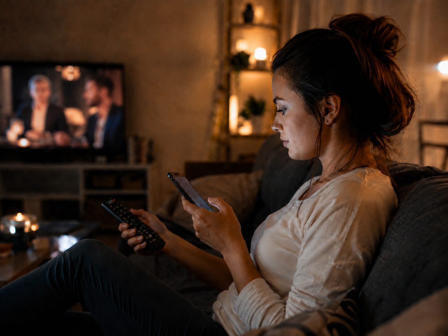 Woman sits on a couch in a dim living room while looking at her phone and holding a TV remote. A blurred television plays in the background, showing divided attention between her phone and the show.