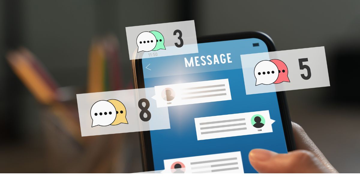 A hand holds a smartphone showing a message screen with notification bubbles marked "3" "5" and "8." The graphic supports a blog post about phone free time by showing how constant messages can pull attention away from people and moments that matter.