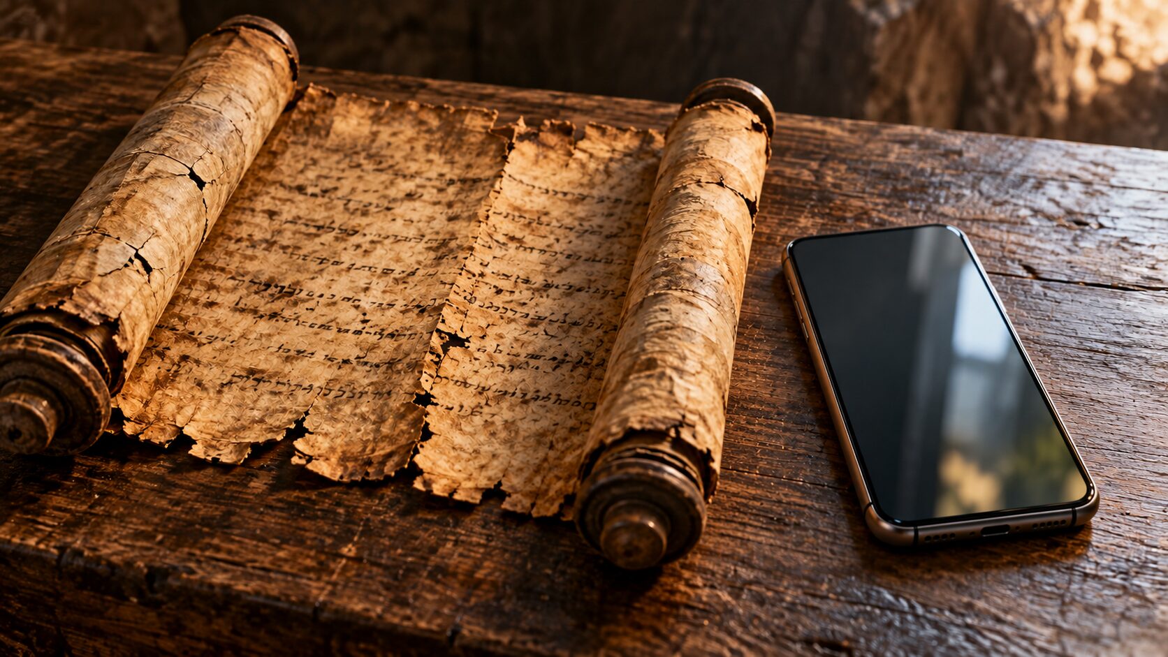 An ancient Hebrew scroll with cracked parchment lies open beside a modern smartphone on a wooden table. The contrast connects scrolls in the Bible with modern scrolling and the blog posts exploration of doomscrolling.