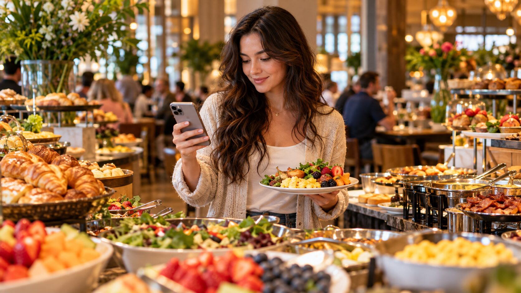 Woman at an all you can eat breakfast buffet looking at her phone while holding a plate piled with fruit and food. The endless buffet visually compares constant phone content to unlimited choices and the challenge of trying to reduce screen time.